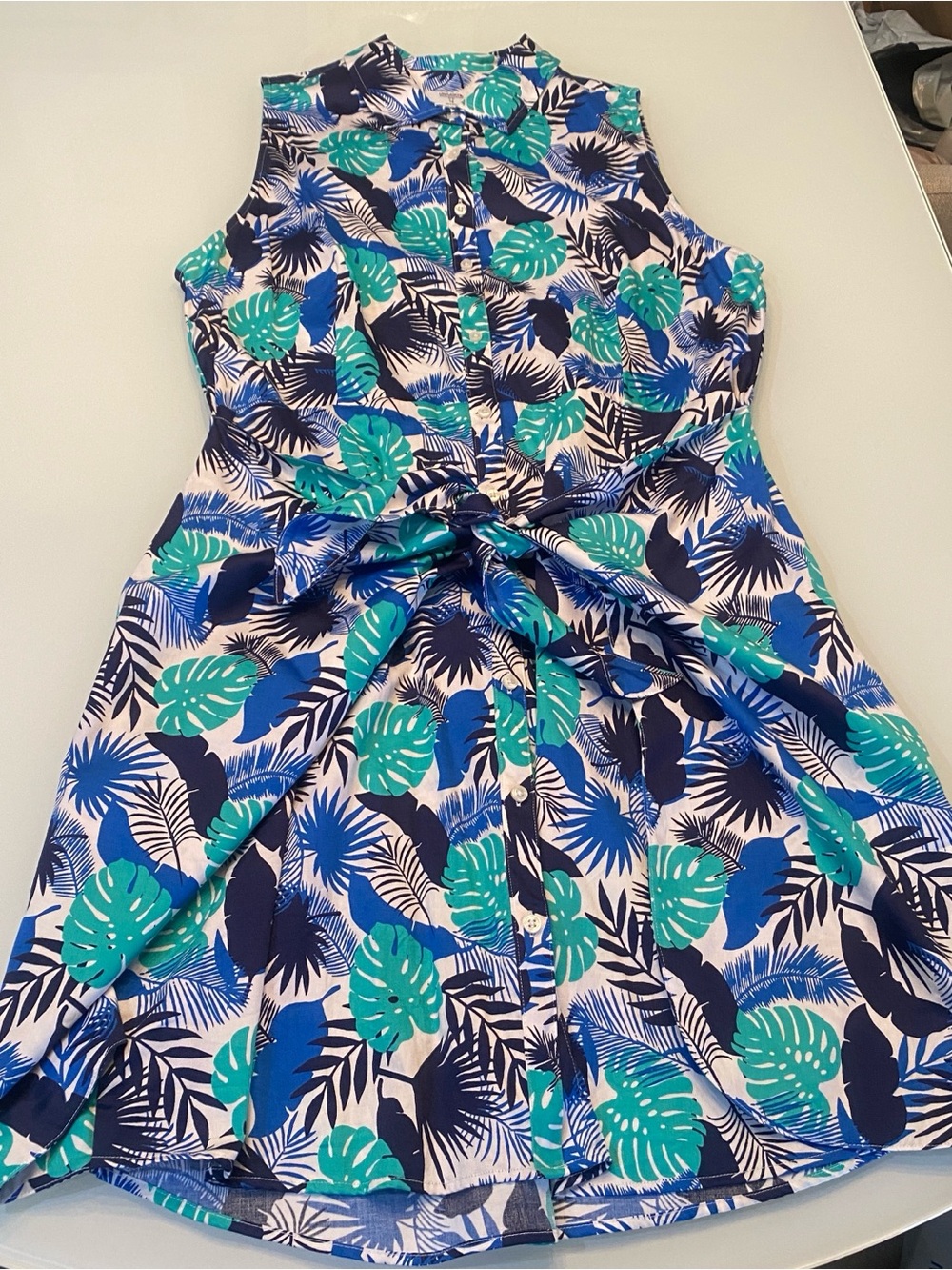 UNTUCKit Kenzie Tropical Palm Leaf Tie Front Sleeveless Shirt Dress Size 14